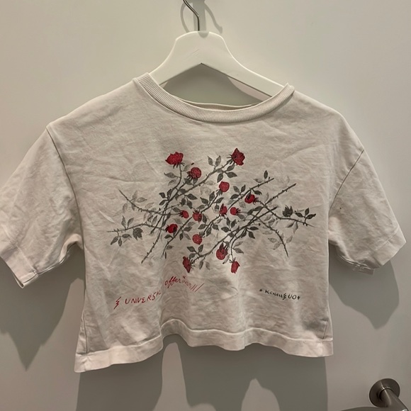 Urban Outfitters (UO) Cropped White Short Sleeve Rose Graphic - Picture 1 of 4